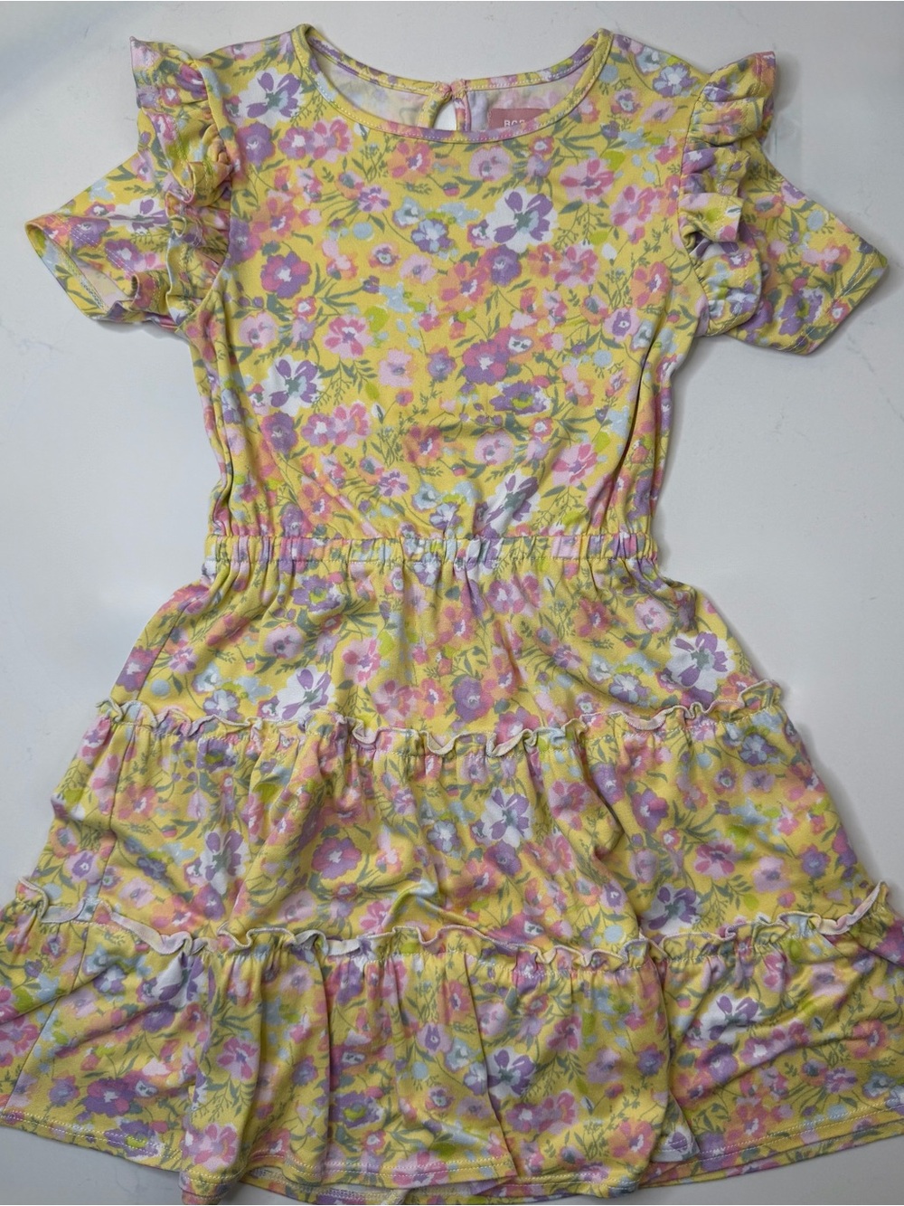 BCBG Girls Tiered Floral Dress Size 5/6 Yellow Ruffle Sleeve Twirl Dress